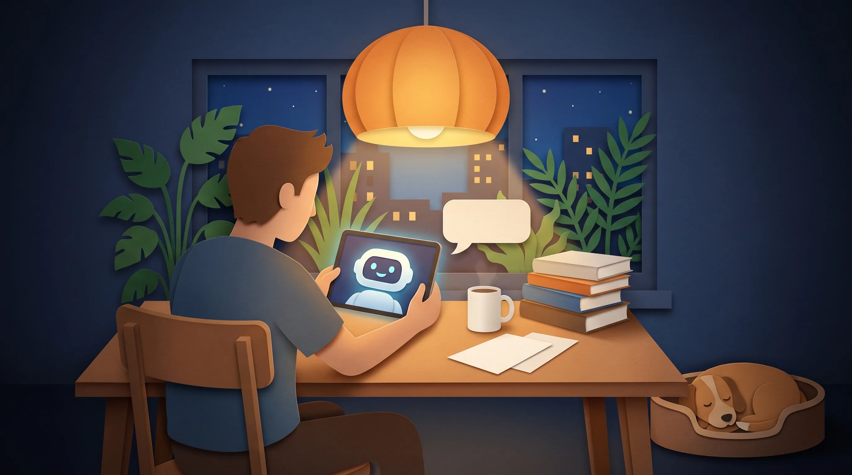 Papercut ilustrace — muž v noci u stolu s tabletem, na displeji robot