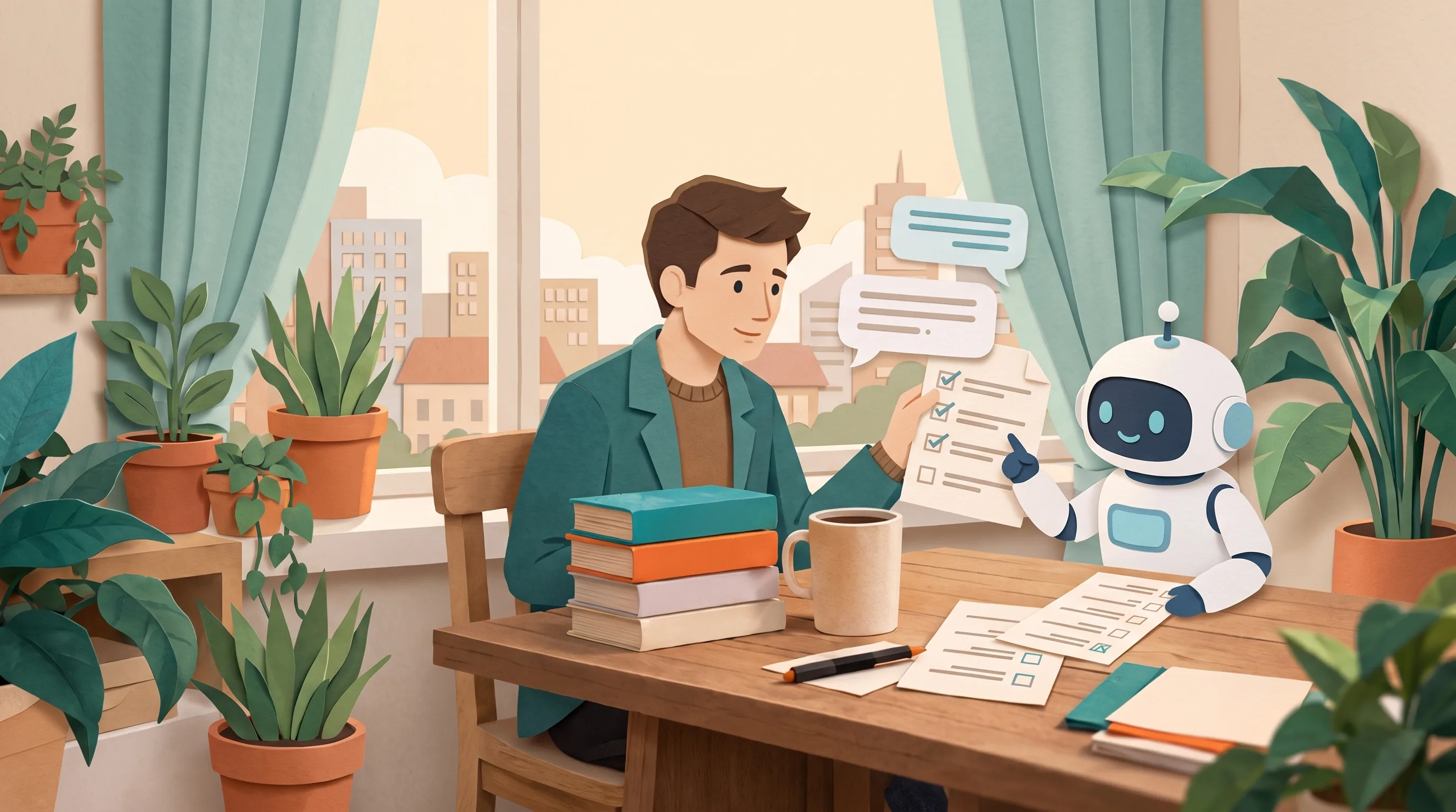 Papercut ilustrace — muž u stolu s robotickým asistentem, chatové bubliny a checklist