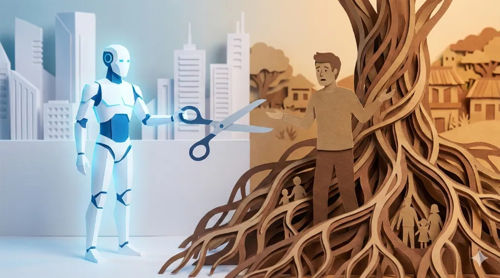 Robot s nůžkami proti člověku propletenému s kořeny stromu.