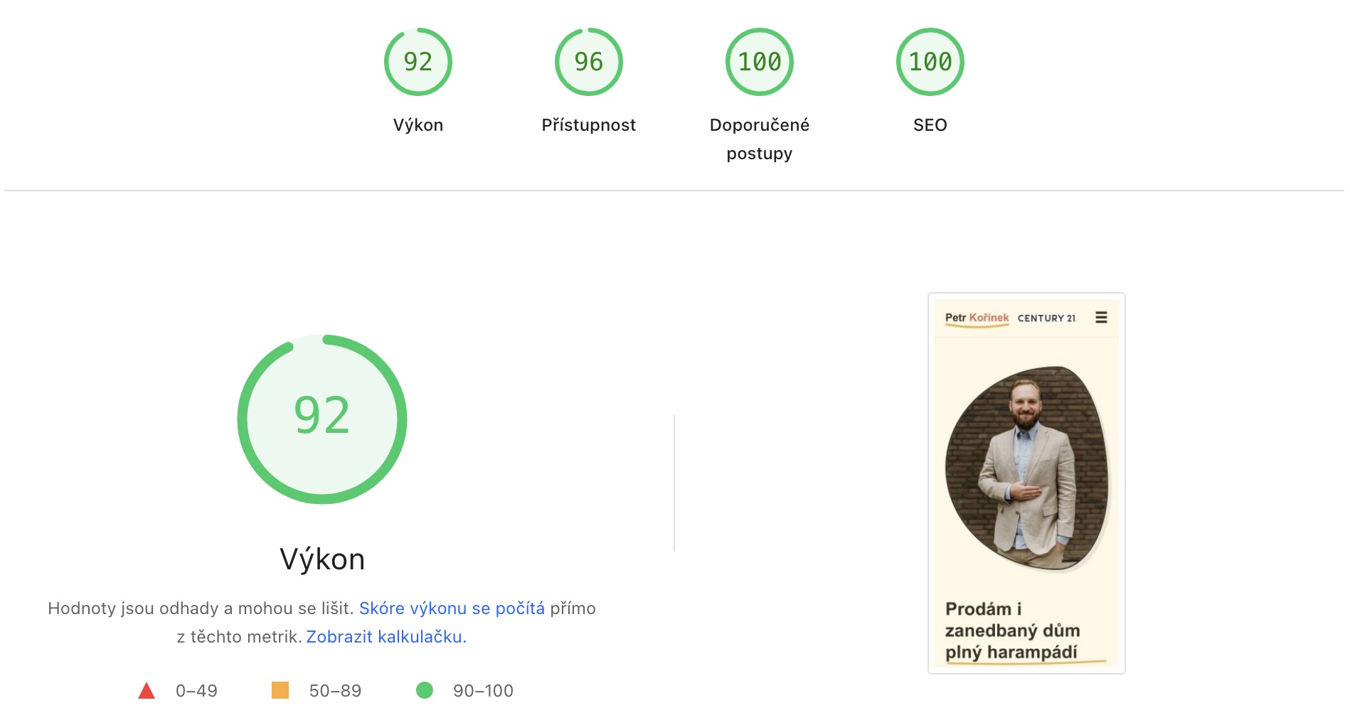 Lighthouse skóre webu korinekreal.cz